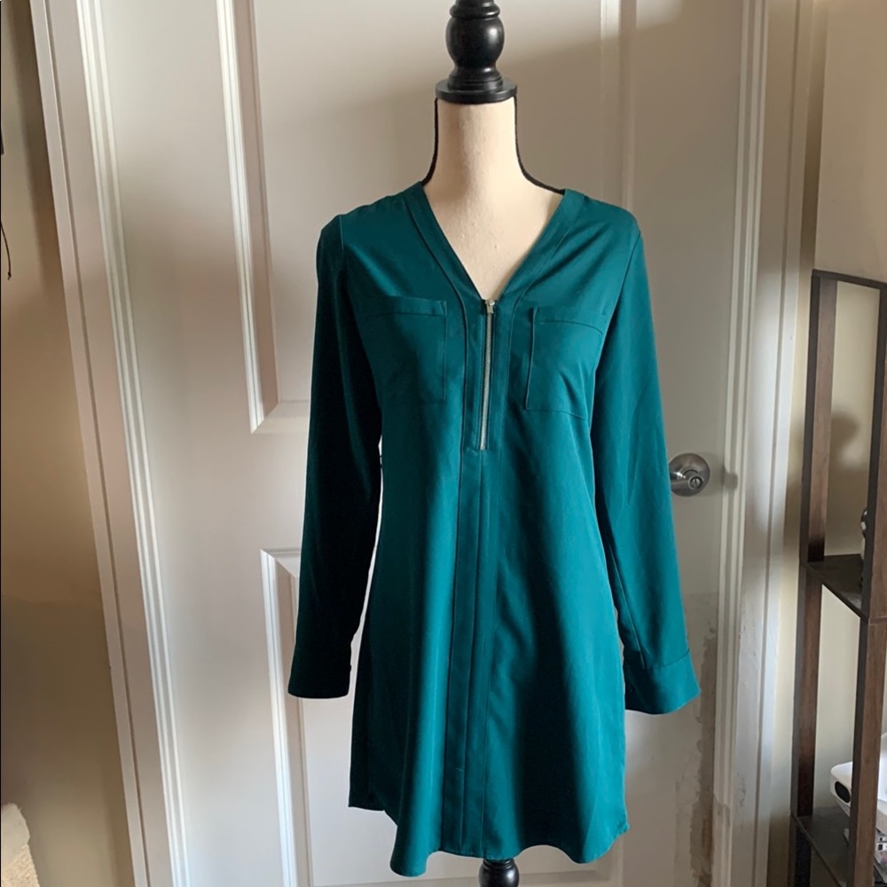 Express Teal V-Neck Dress with Zipper